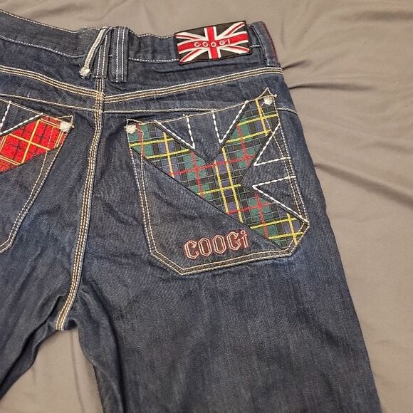 COOGI Mens Jeans W38 L34 Dark Wash Embroidered Pockets Plaid Trim Streetwear - Picture 8 of 11